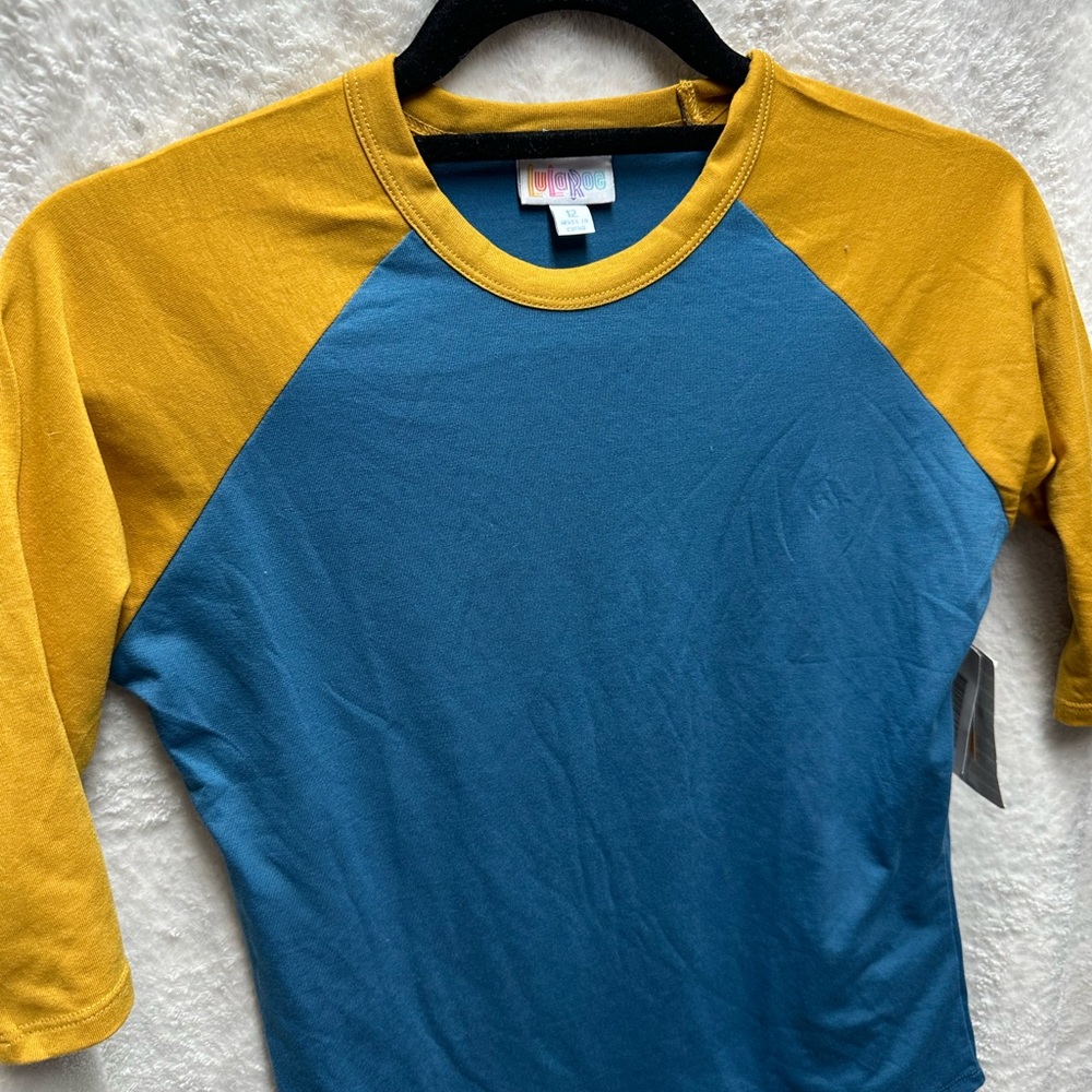 LuLaRoe Sloan kids baseball t-shirt size 12 blue and gold